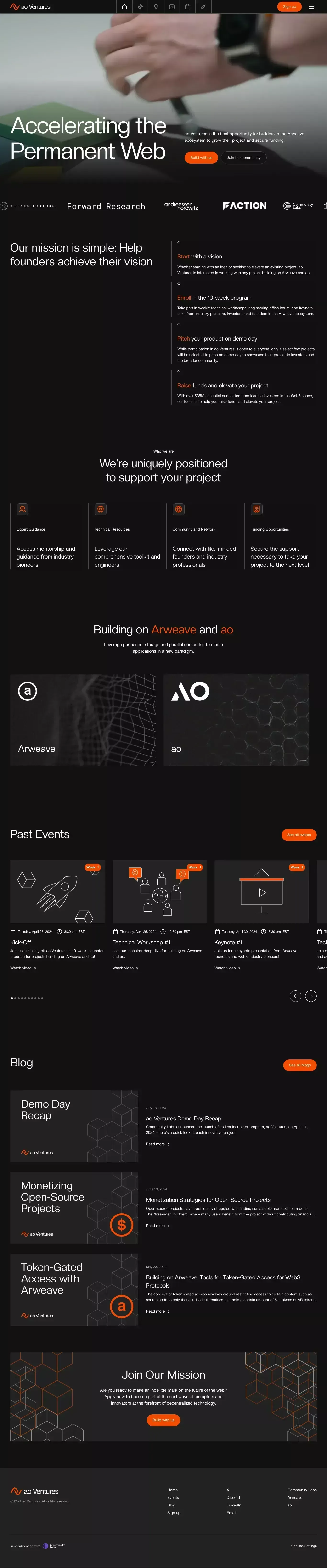 ao Ventures landing page screenshot showcasing Education and Event design