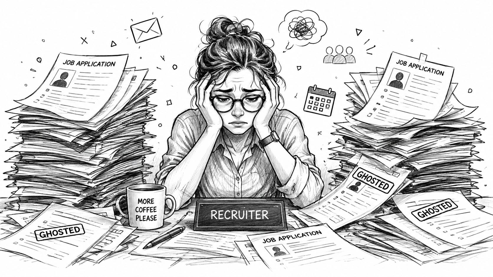 A stressed recruiter sits at a desk overwhelmed by stacks of job applications and ghosted candidate resumes.