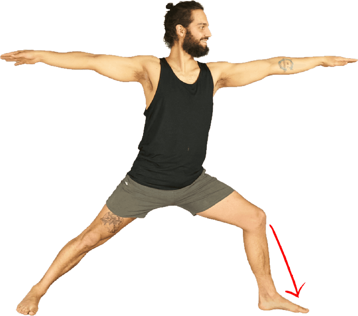 Warrior 2 with a red arrow at the front knee, showing it tracking out to its own neutral rather than to a fixed point over the second toe.