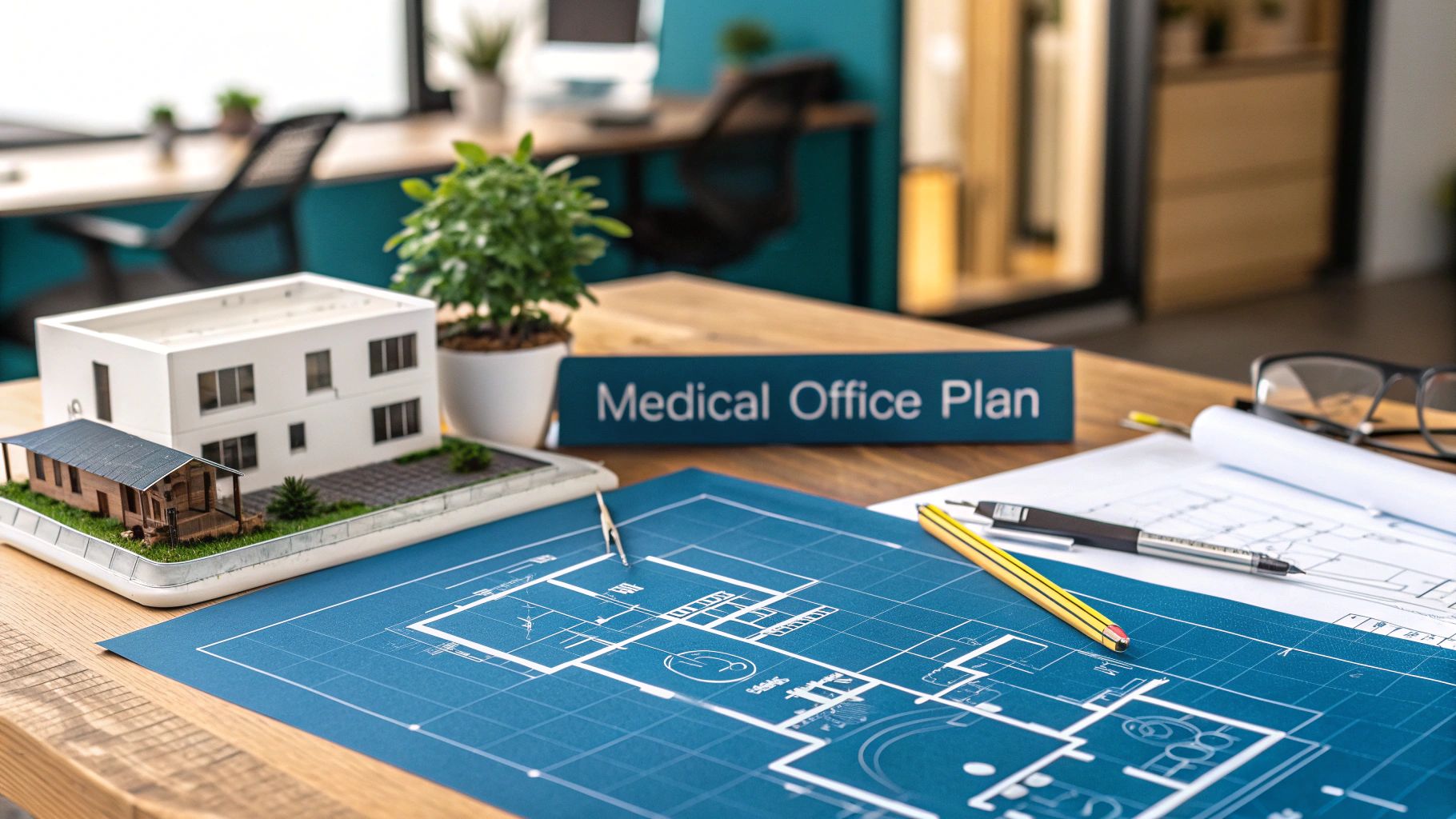 a table with a blueprint on it