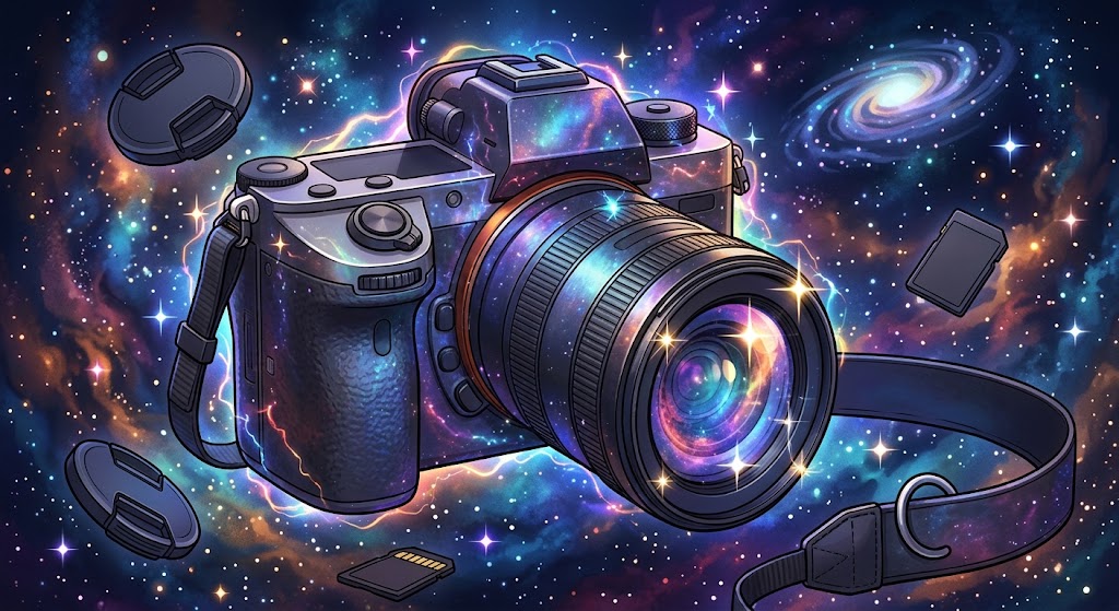 A camera wrapped in a swirl of galaxy colors and stars
