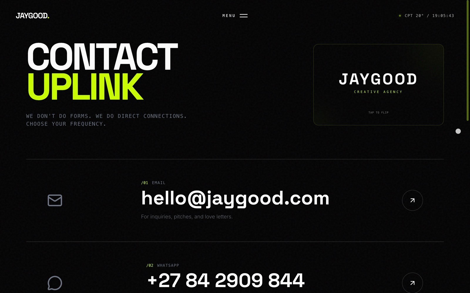 Bold white text: "CONTACT UPLINK" with menu icon above. Right box: "JAYGOOD CREATIVE AGENCY." Email: "hello@jaygood.com." WhatsApp: "+27 84 2909 844.