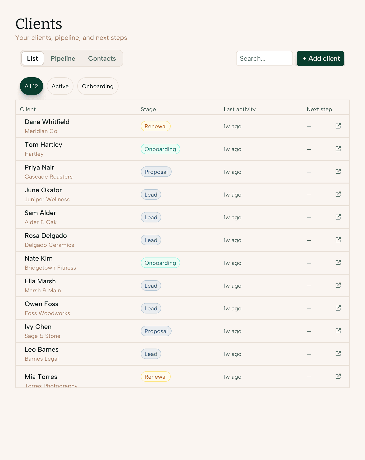 Aventide Clients screen with a searchable list of client records.