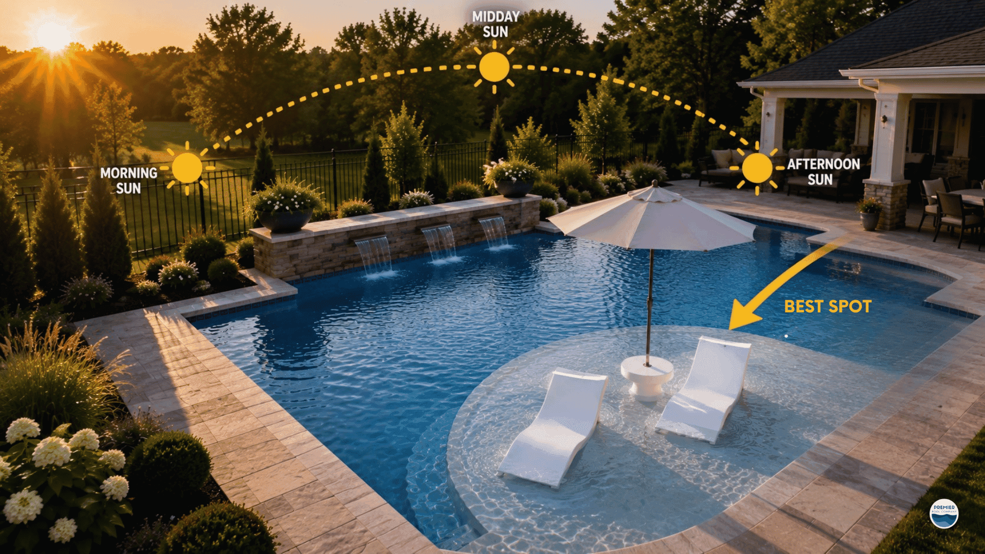 Swimming pool tanning ledge positioned to receive afternoon sunlight