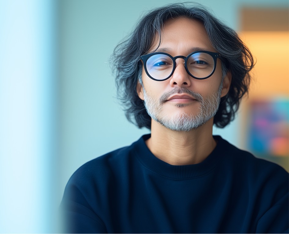A person with shoulder-length hair and a beard wears distinctive round glasses and a black sweater, standing against a softly blurred, warmly lit background.
