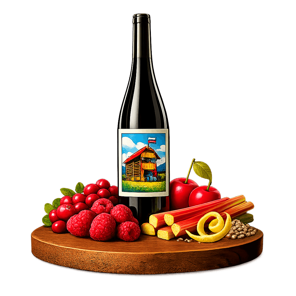 Artistic label and flavor profile for Posavje Cvicek on a rustic wooden table.