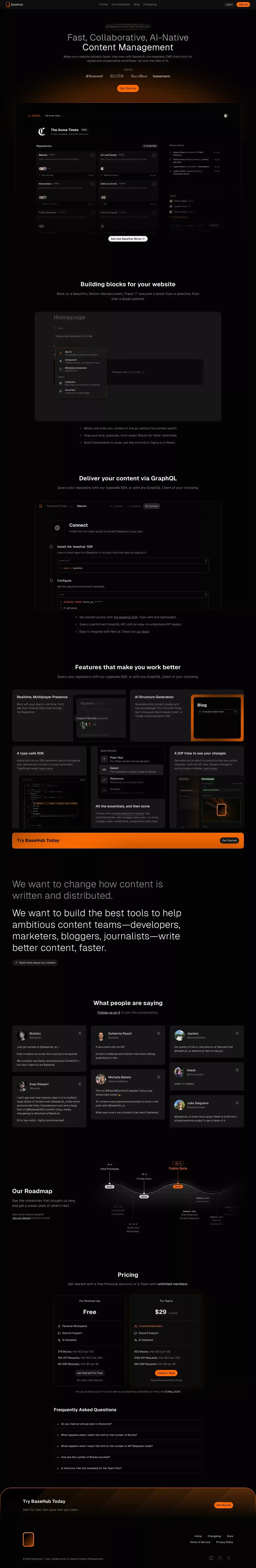 Fast, Collaborative, AI-Native Content M landing page screenshot showcasing Tech and Writing design
