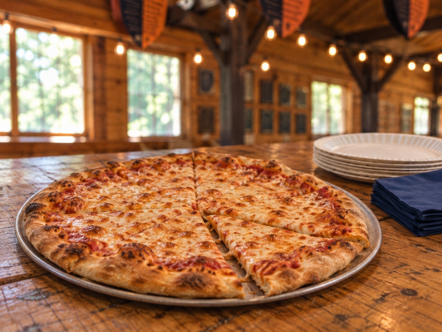 Pizza on a table for a camper birthday party