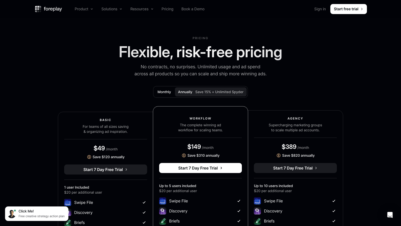 The Foreplay pricing page displays monthly and annual subscription plans with feature lists and free trial buttons.
