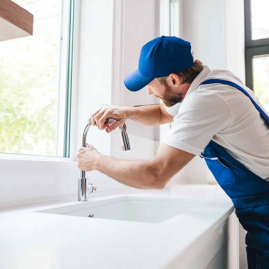 handyman repairing kitchen faucet