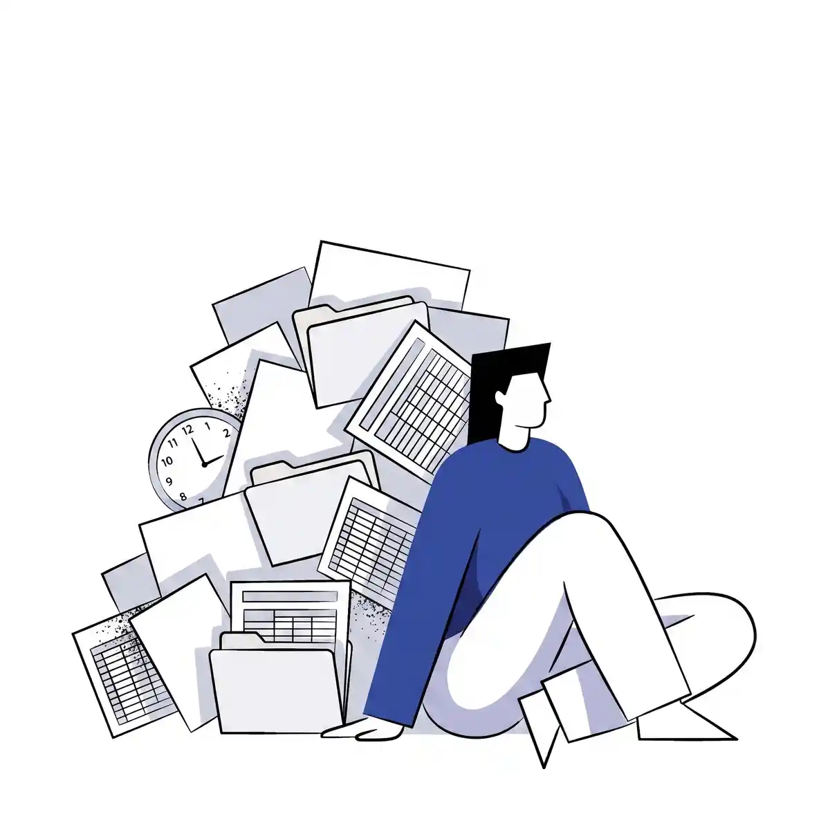 A figure in a brand-blue top sits cross-legged on the floor, half-buried in a precarious leaning tower of papers, folders and spreadsheets, with a small clock face peeking out from inside the pile.