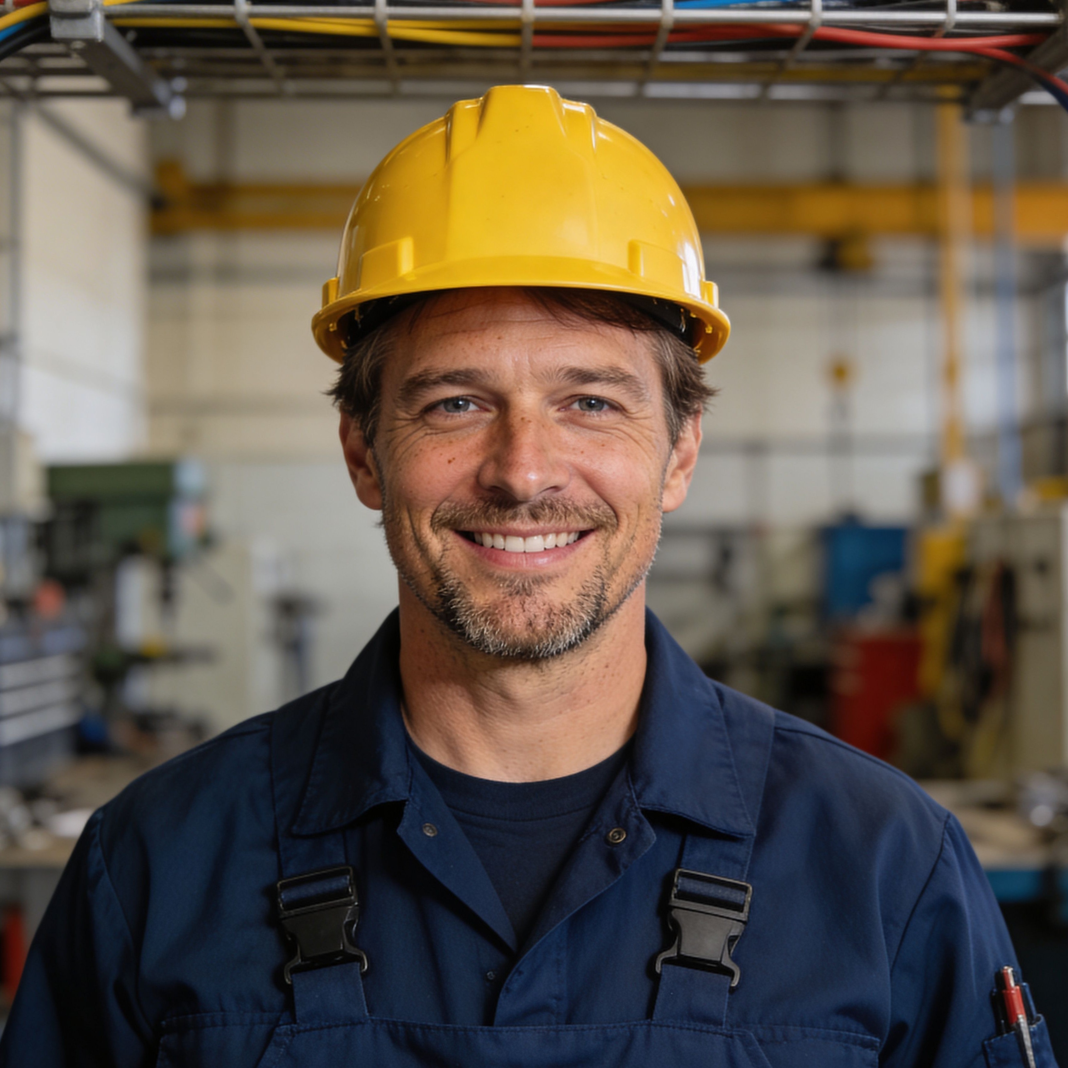 Smiling professional electrician in yellow hard hat and navy overalls at industrial facility