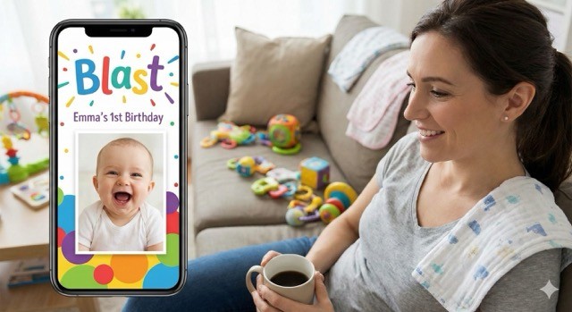 A happy mother on a couch using her smartphone to create a personalized First Birthday Video Invitation with the Blast app.
