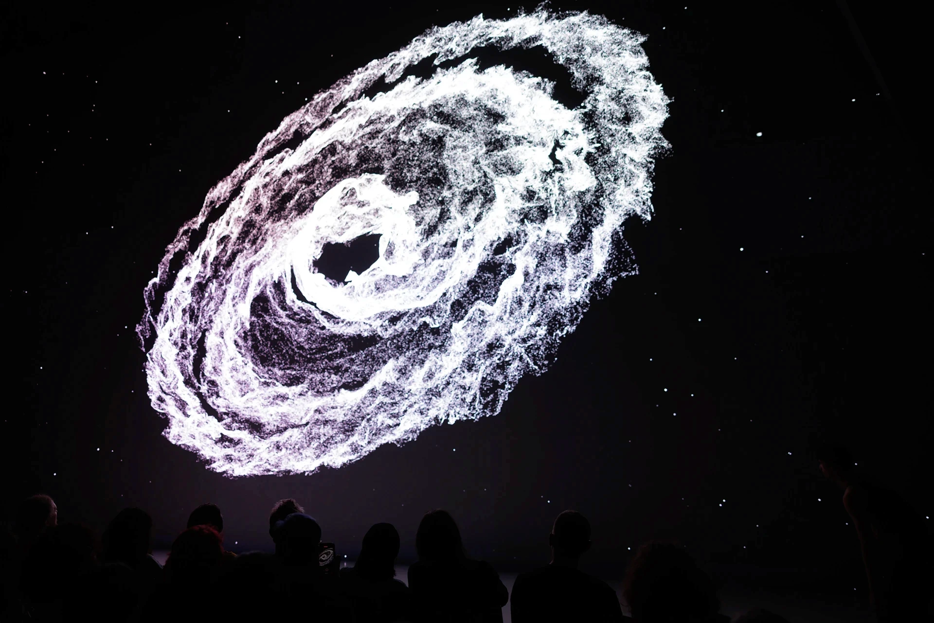 Swirling galaxy projected on screen with audience silhouettes