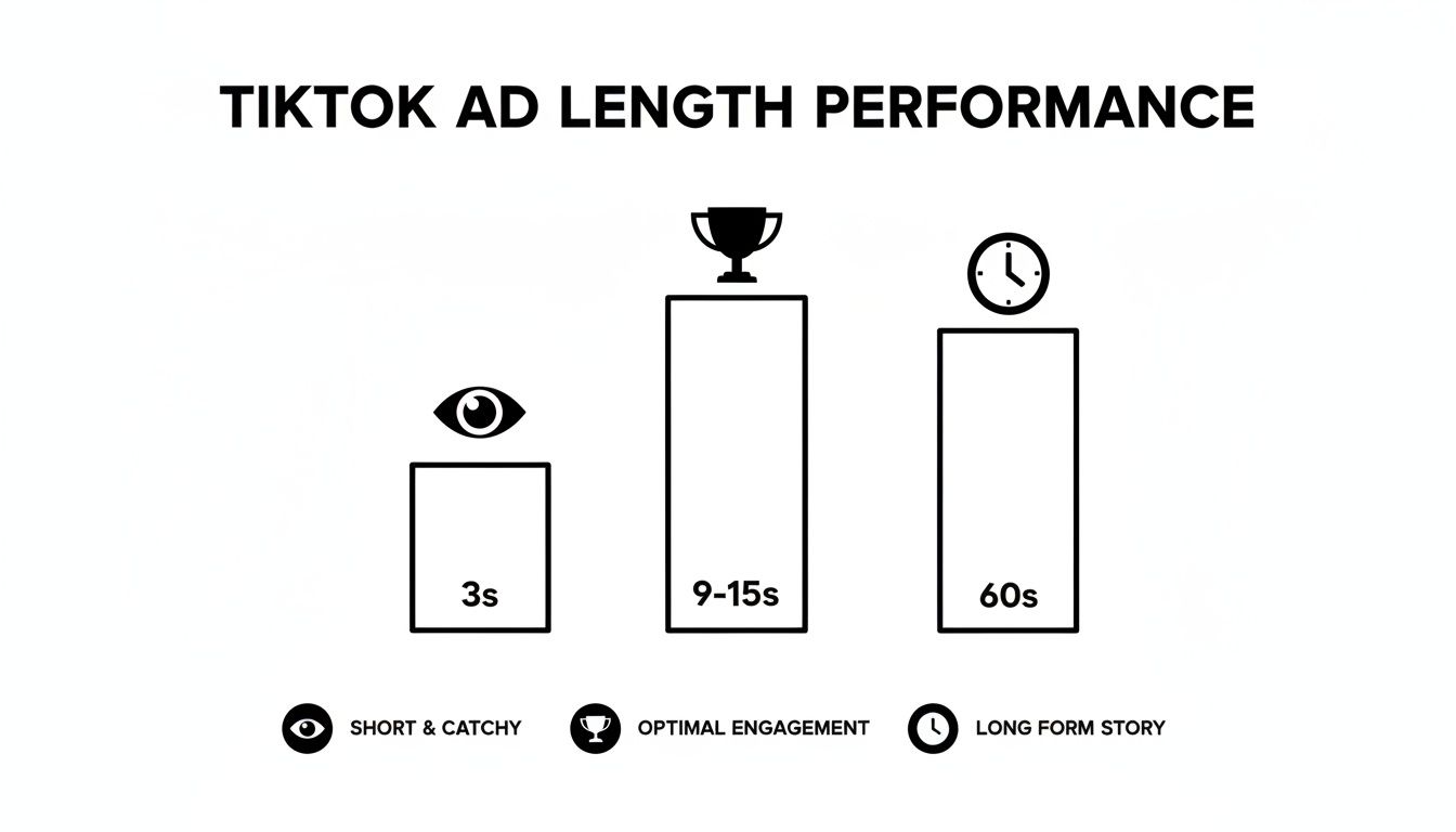 Bar chart illustrating TikTok ad length performance, showing 9-15 second ads yield optimal engagement compared to shorter and longer ads.