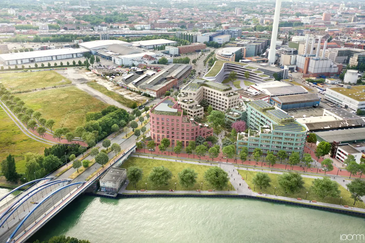 Isometrische Zeichnung eines Bauprojekts mit mehreren Gebäuden und markierten Strukturen in Rot