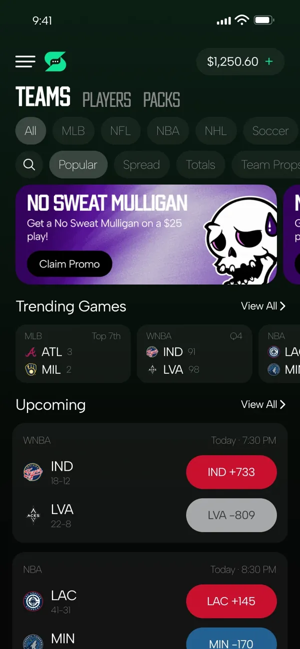 SmackTok Teams screen with upcoming games and promotions