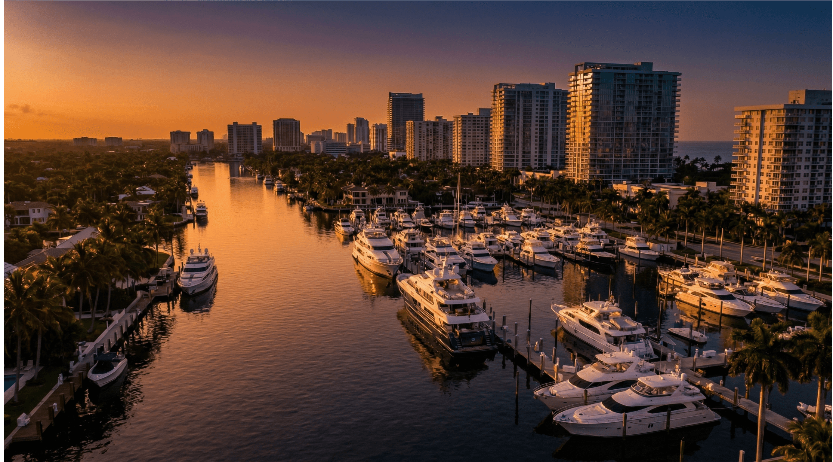 Aerial view of Fort Lauderdale Intracoastal Waterway with yachts at sunset