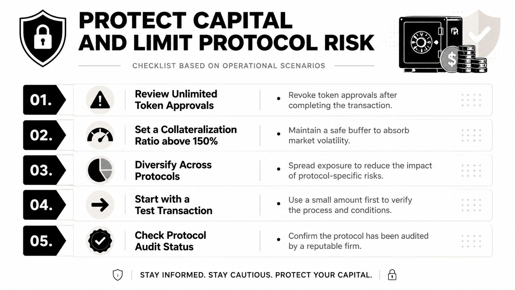 A five-point checklist for protecting digital capital and limiting protocol risks in decentralized finance investments.