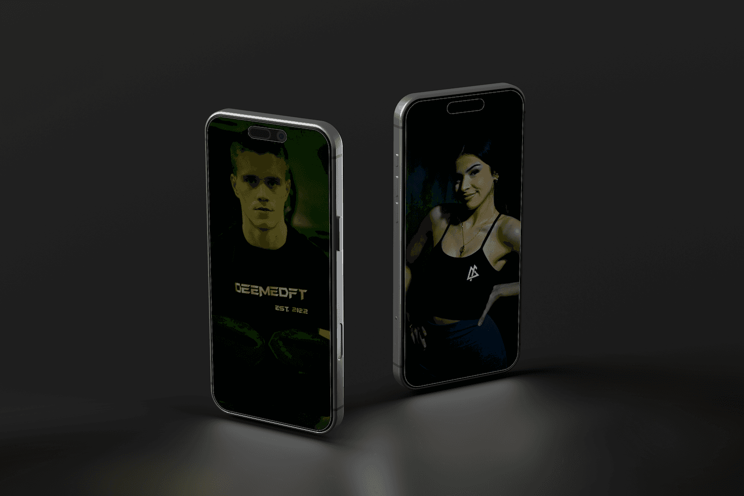 two phones in a dark room displaying photos of men and women in cinematic lighting