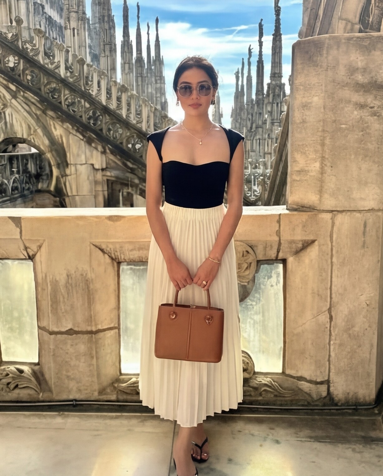 Black Bustier Crop Top with Cream Pleated Midi Skirt