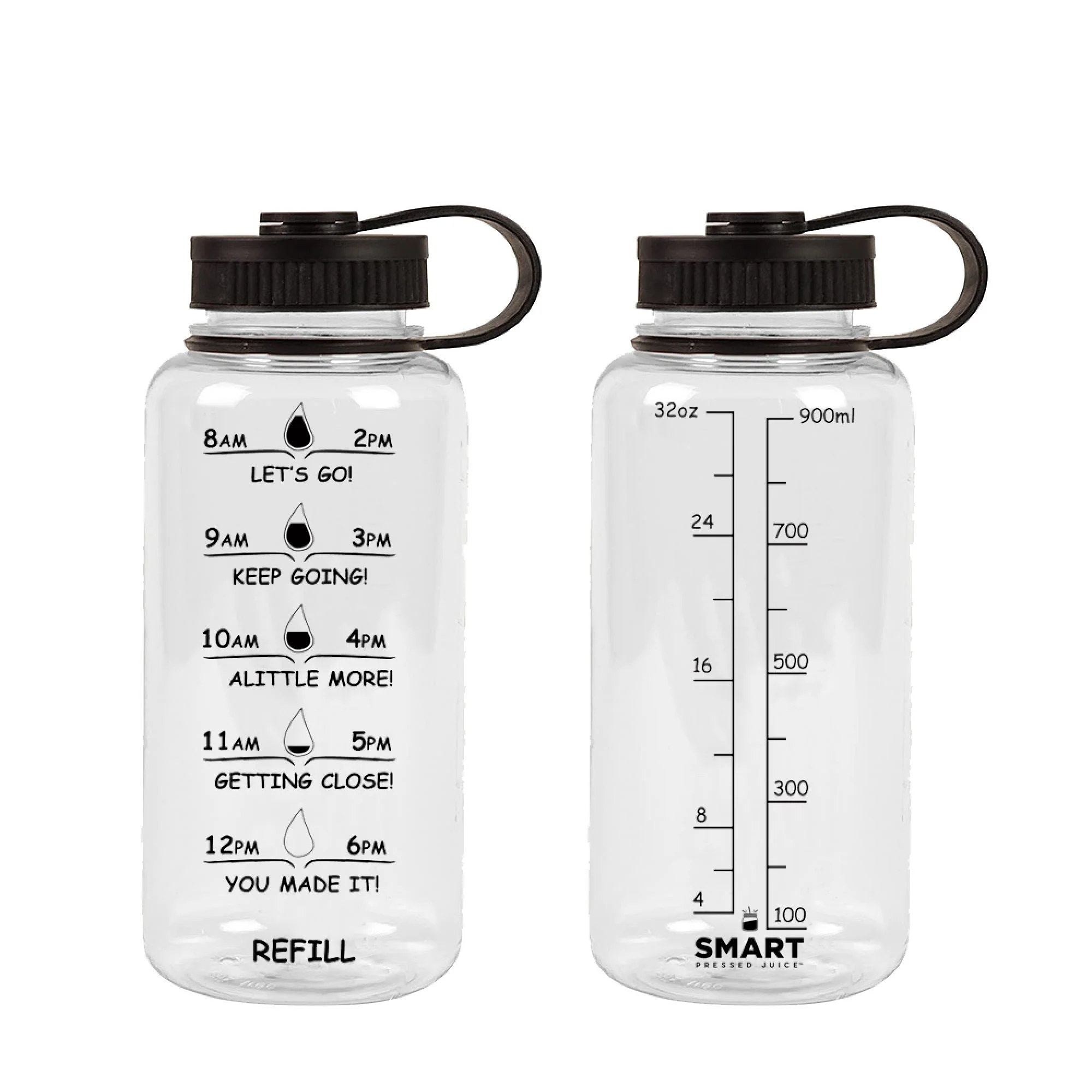 Transparent water bottle with hour markers