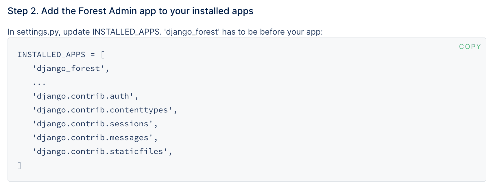 The second Forest Admin installation step of the Django data source.