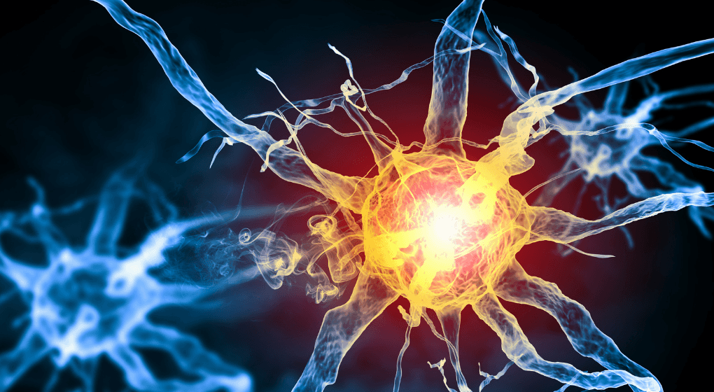 An image of a cell that looks like it is on fire with tentacles coming off it, more cells in the background against a black background