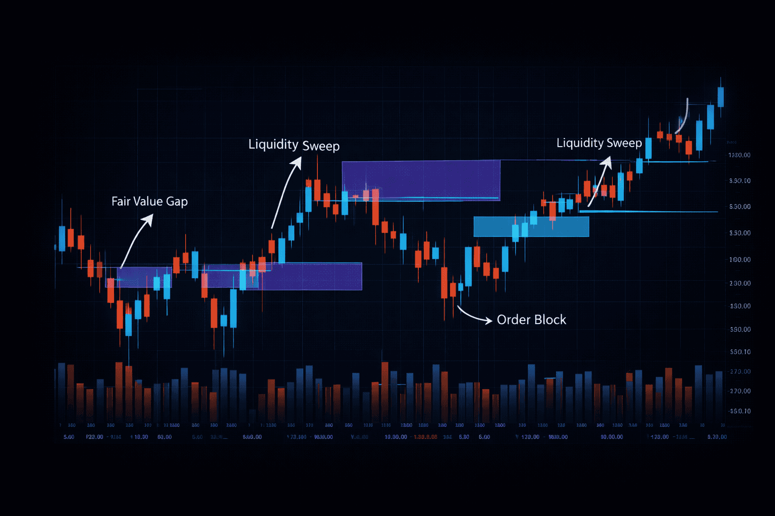 ICT concepts like fair value gaps, order blocks, and liquidity sweeps mapped on a futures chart