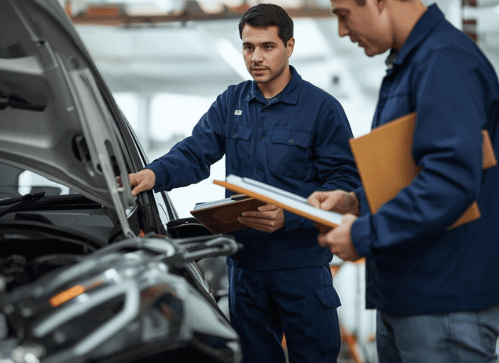 Realistische Szene eines Kfz-Sachverständigen bei der Begutachtung eines reparierten Fahrzeugs, Klemmbrett und Kamera in der Hand, Fahrzeug in Werkstattumgebung, natürliches Licht, hohe Detailtiefe, professioneller Editorial-Stil, kein Text