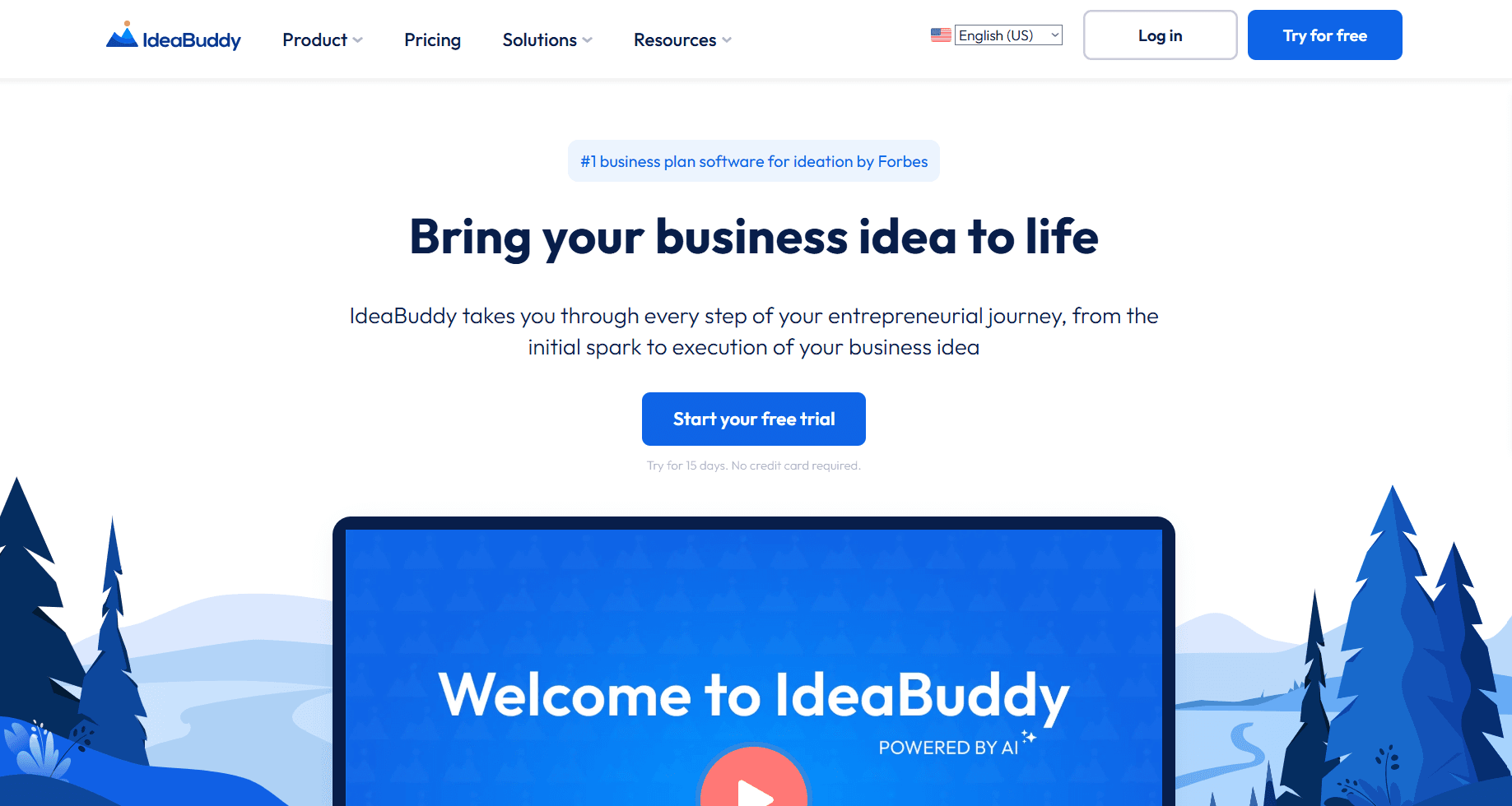 Homepage screenshot of IdeaBuddy featuring the headline “Bring your business idea to life,” with a free trial button and a welcome video preview below.