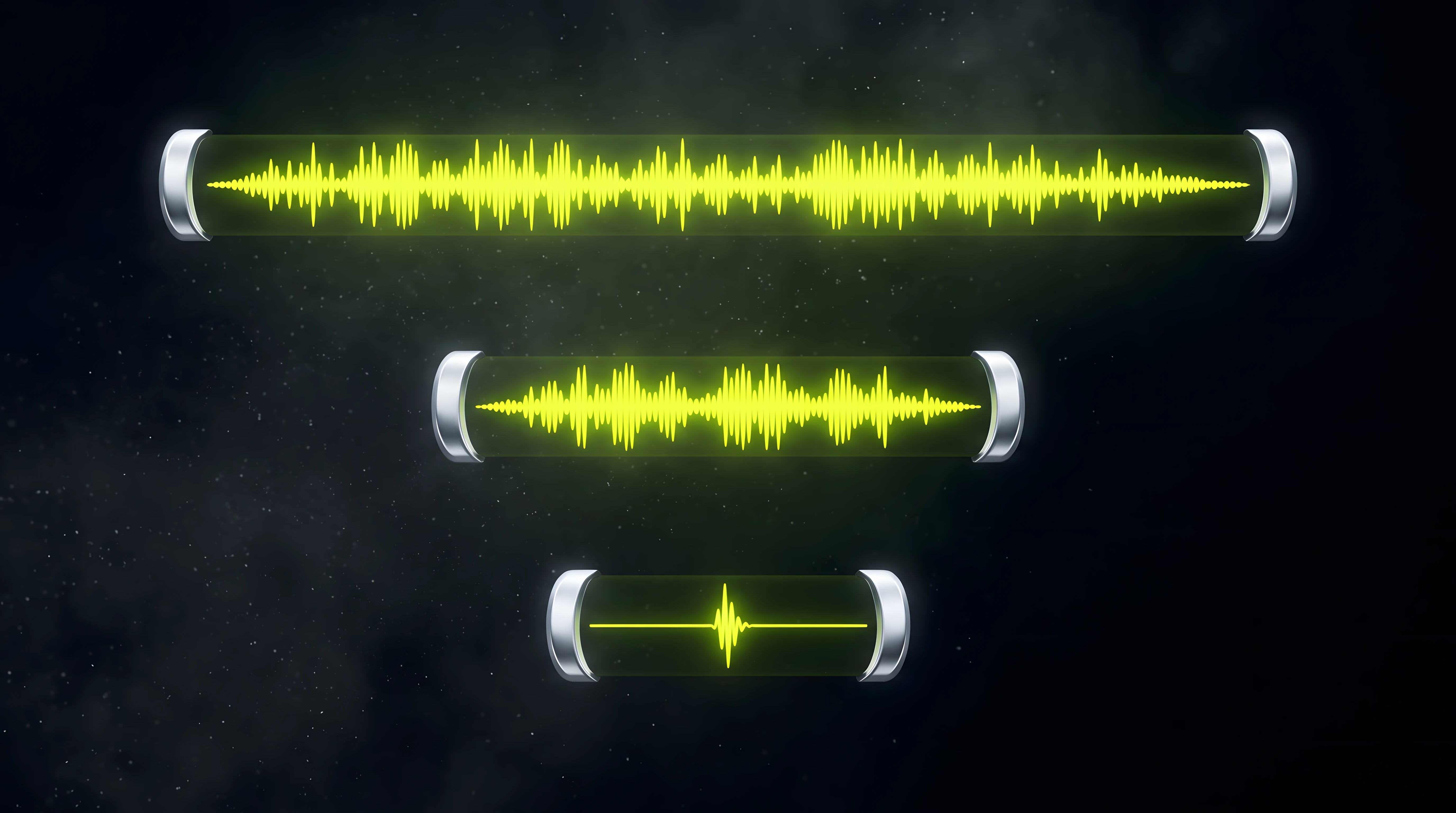 Three glowing waveform blocks of decreasing length on deep void black with toxic lime accents, representing full, short, and tag variants of a sound logo.