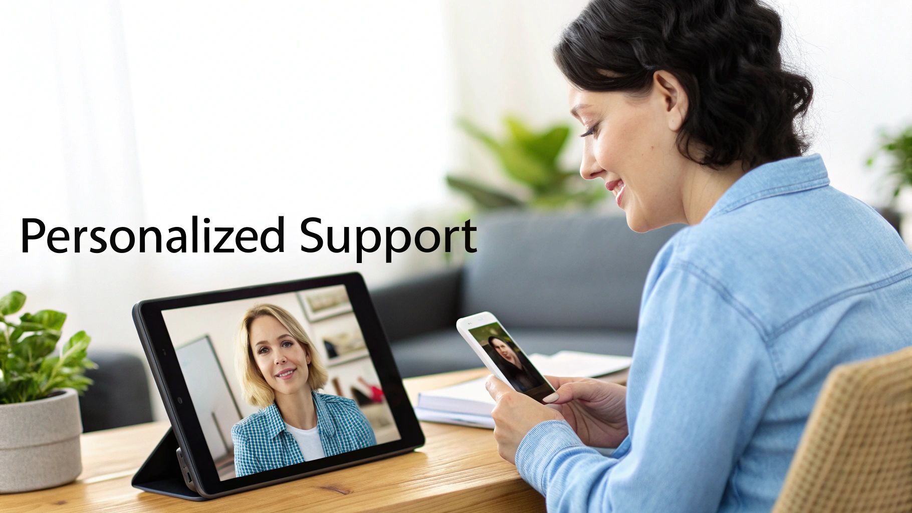 A woman smiles while looking at a tablet showing another woman, with text 