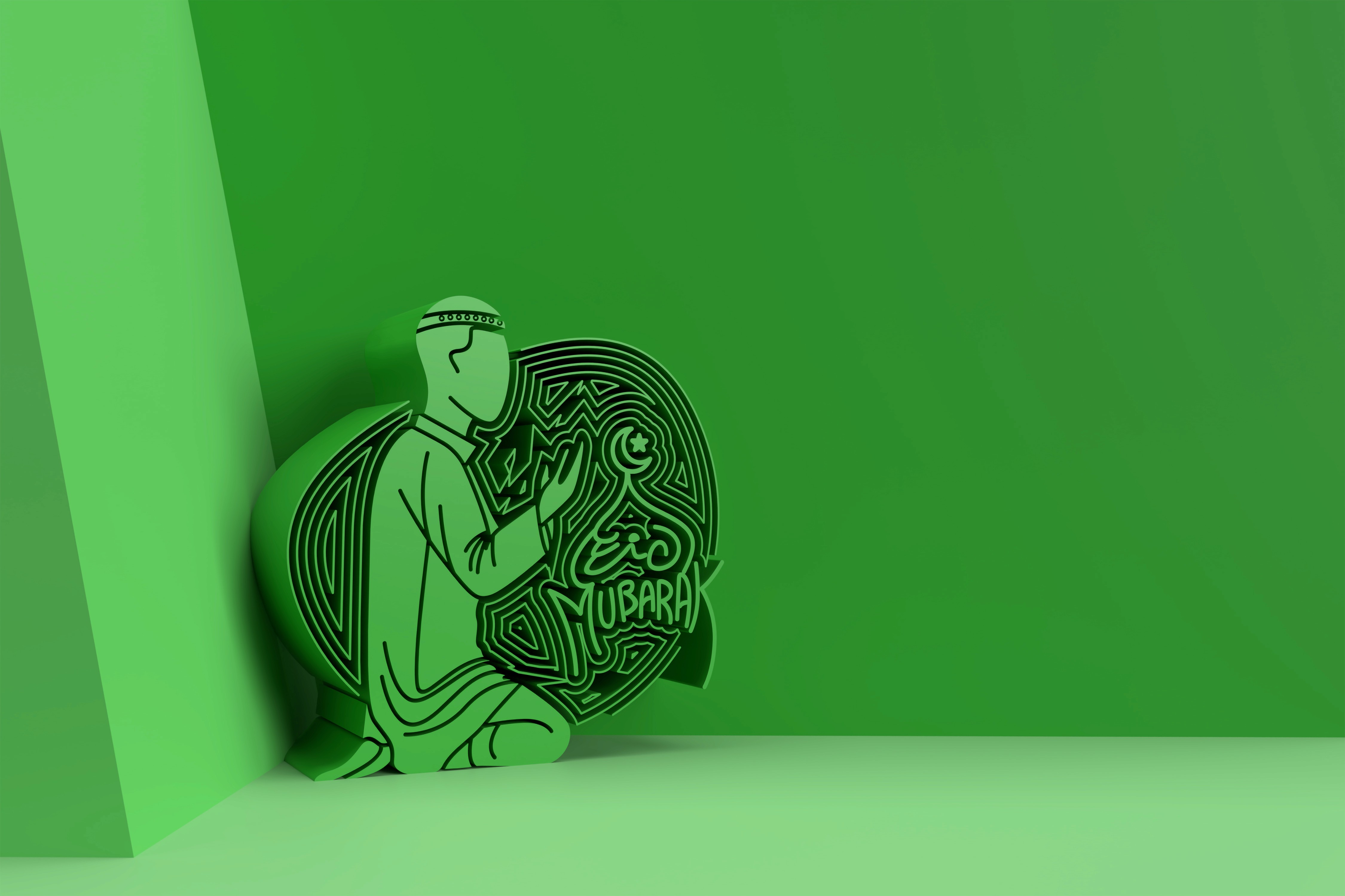 A minimalist 3D monochromatic green illustration featuring a stylized character in a traditional cap (kufi) kneeling in prayer beside a large decorative object, set against a clean green background with soft studio lighting.