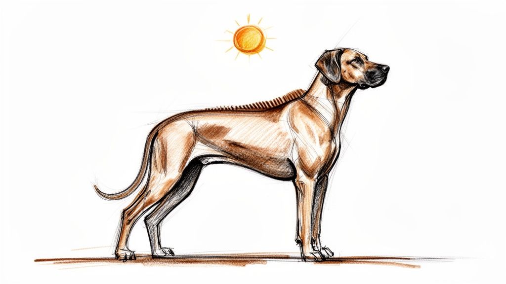 A artistic sketch of a Rhodesian Ridgeback dog standing in profile under a bright golden sun.