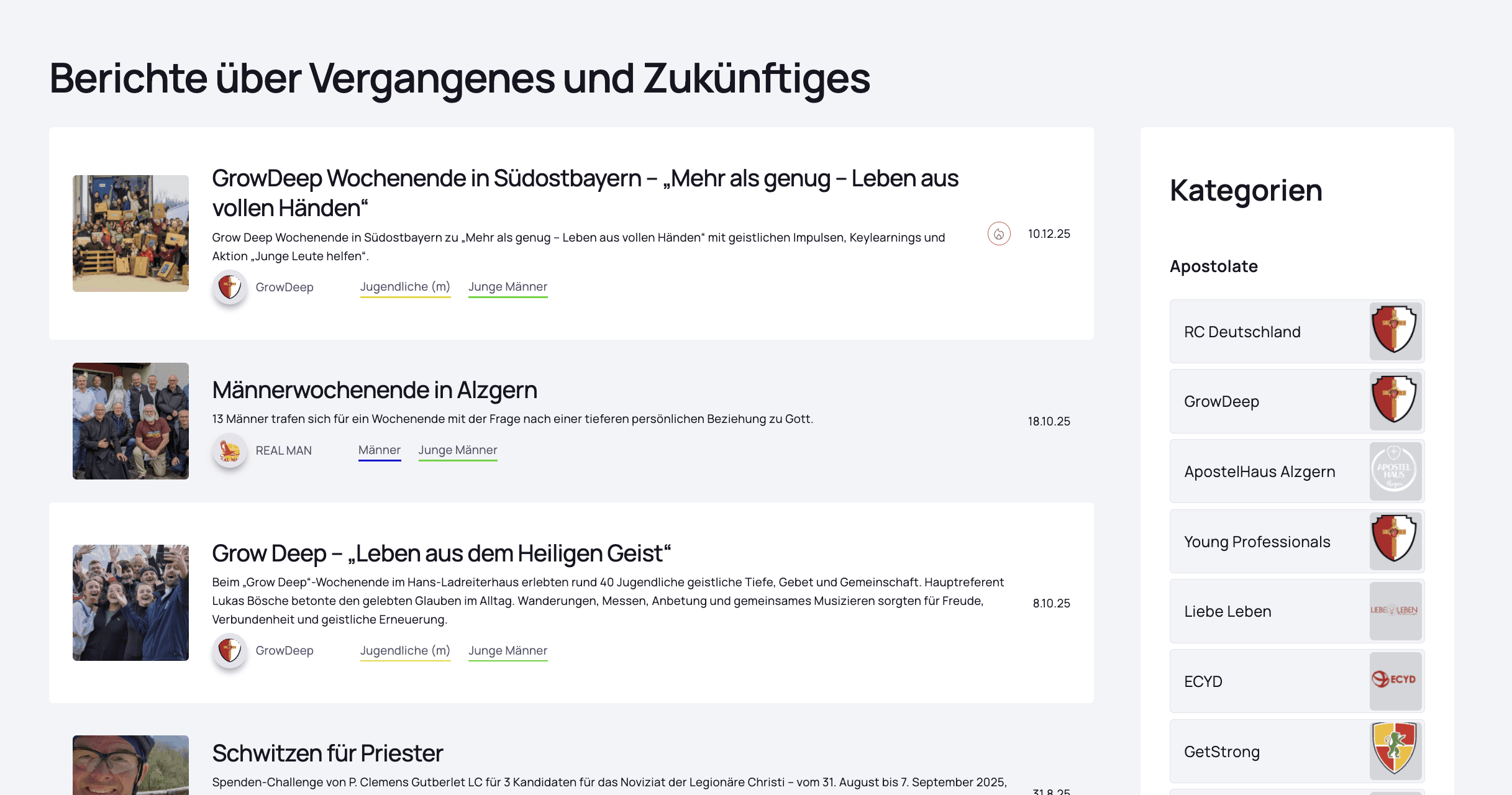 Screenshot einer Website auf der Events angezeigt werden
