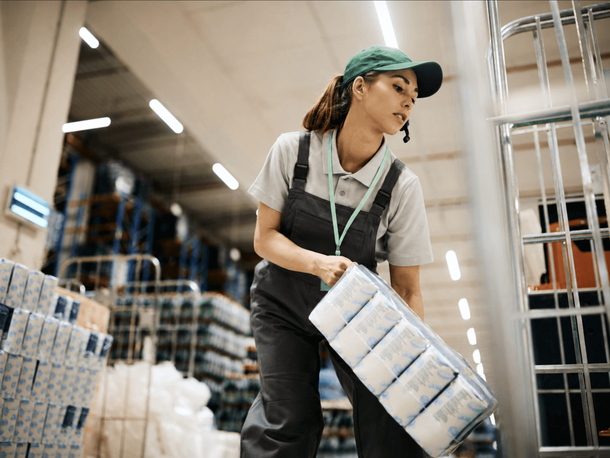 Logistikmitarbeiterin kommissioniert und bewegt Waren im Lager.