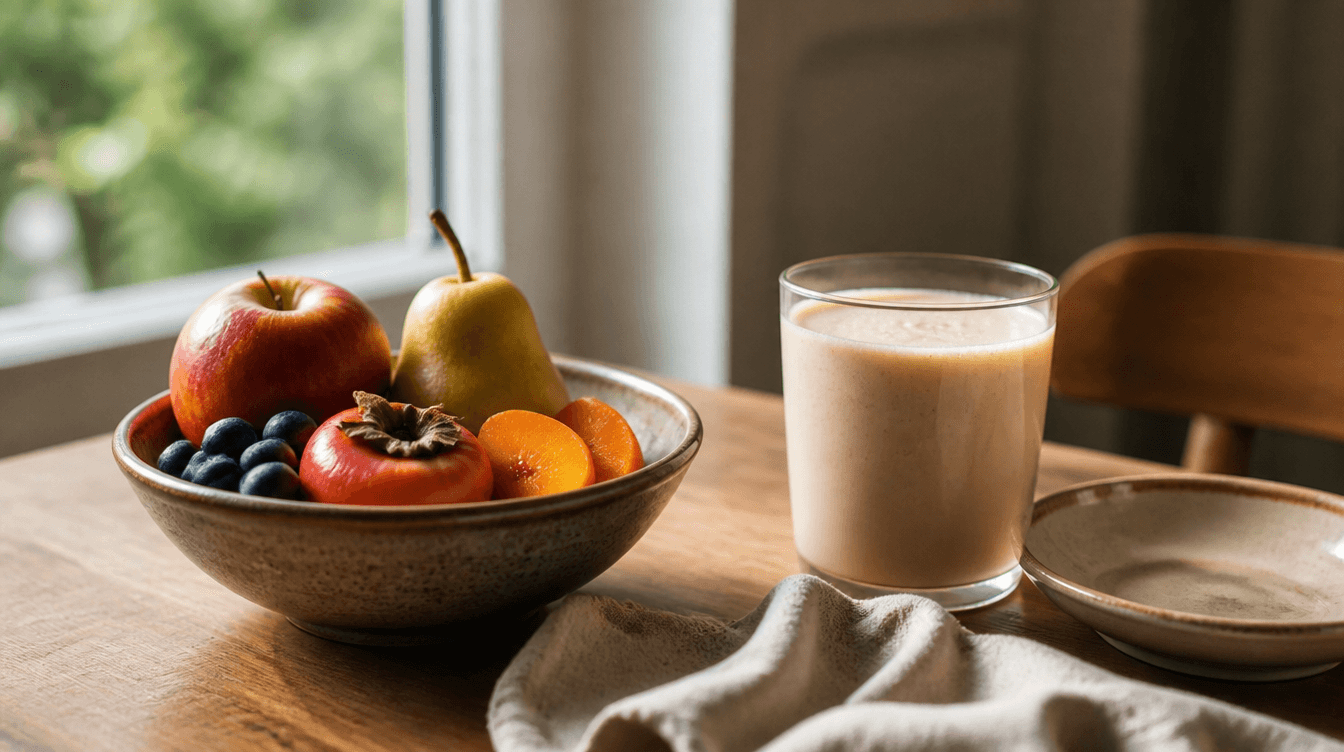 A bowl of whole fresh fruit beside a creamy protein shake on a wooden kitchen table in soft morning light.