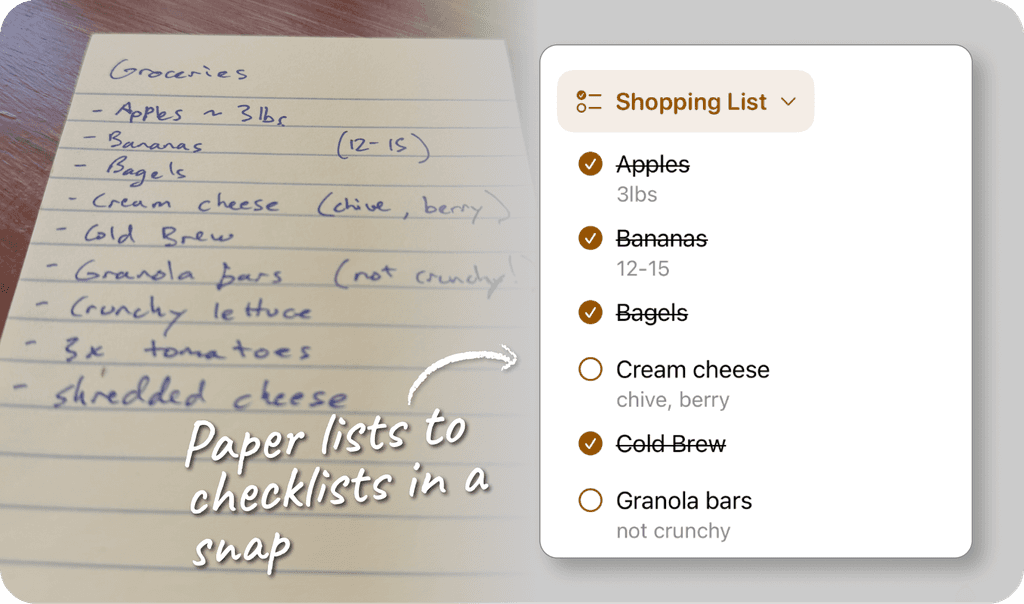 An example use showing a paper grocery list that Memcam has transcribed to a tappable checklist in the app. Headline is 'paper lists to checklists in a snap'.