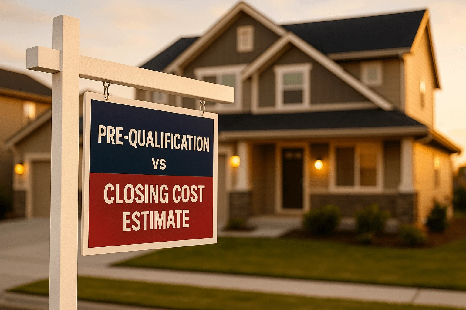 Real estate sign in front of a house displaying the words “Pre-qualification vs. Closing Cost Estimate