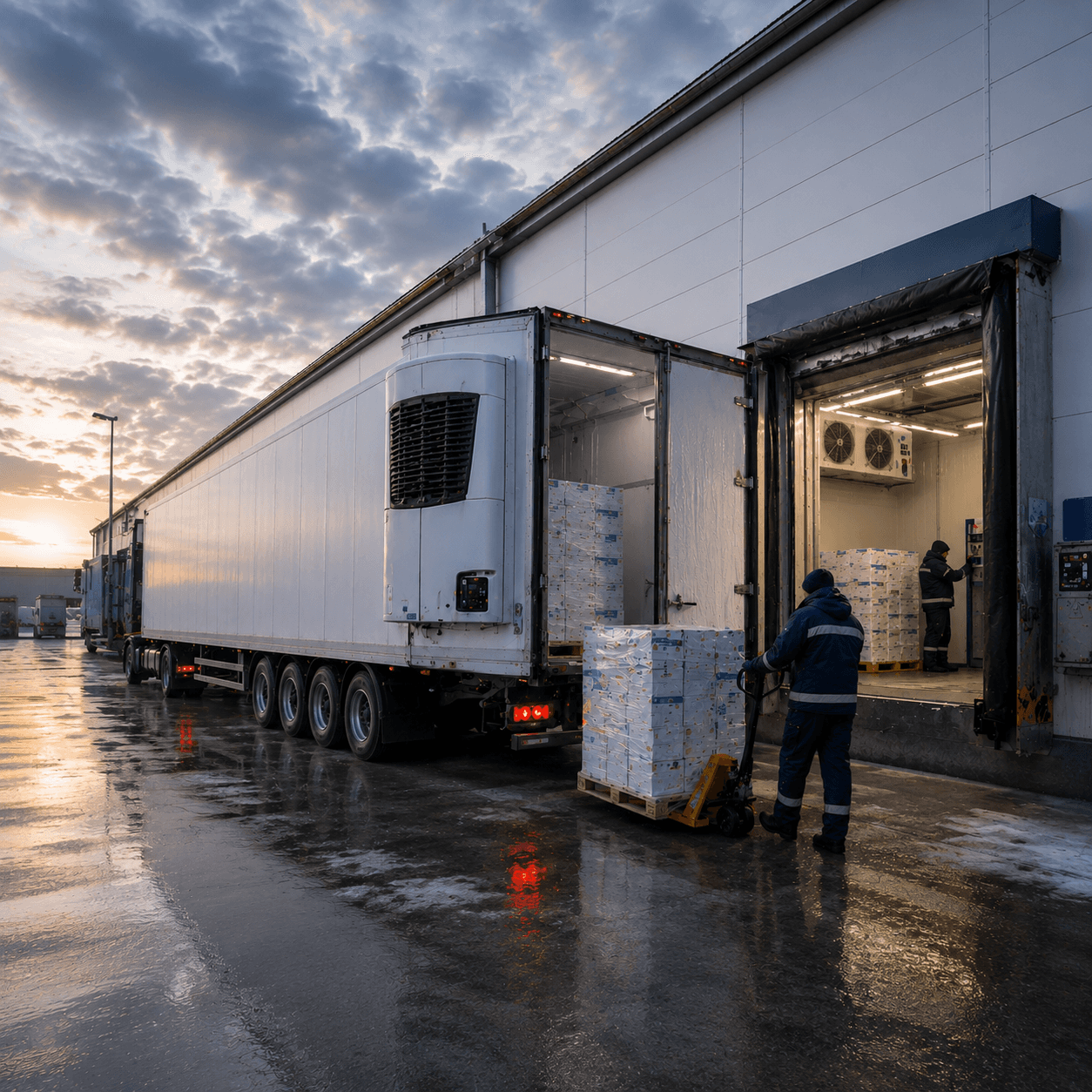 Worker loading palletized goods into a refrigerated truck at a cold storage dock, with visible condensation and temperature control equipment in use.