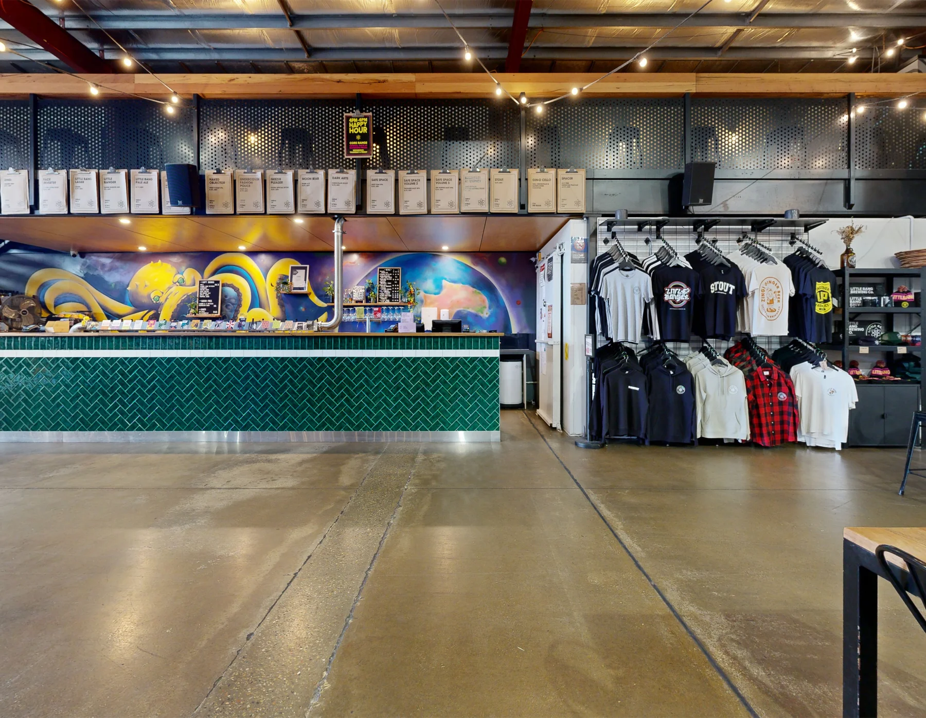 The bar and function space at Little Bang Brewing Company, captured by ABM visual, showing the tiled bar, mural and event seating.