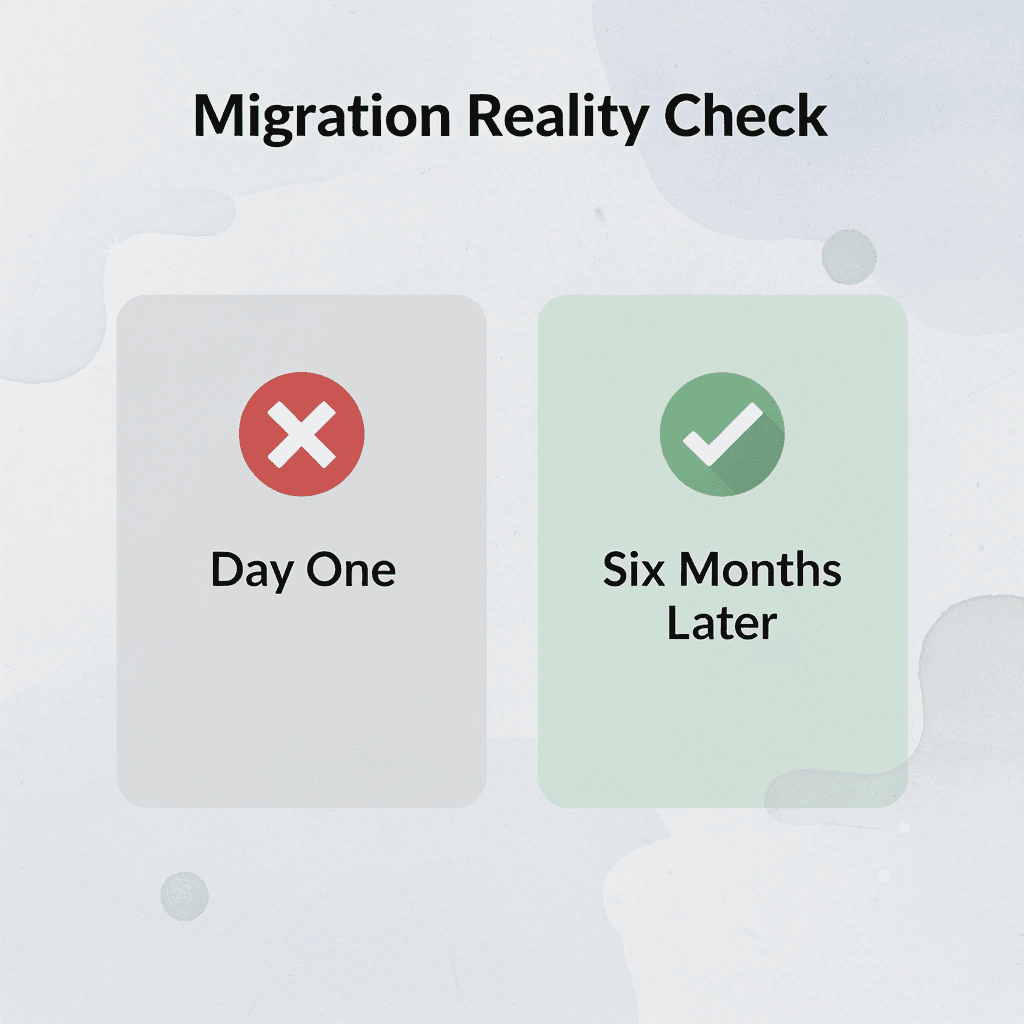 Before and after infographic showing migration success on day one versus failure six months later