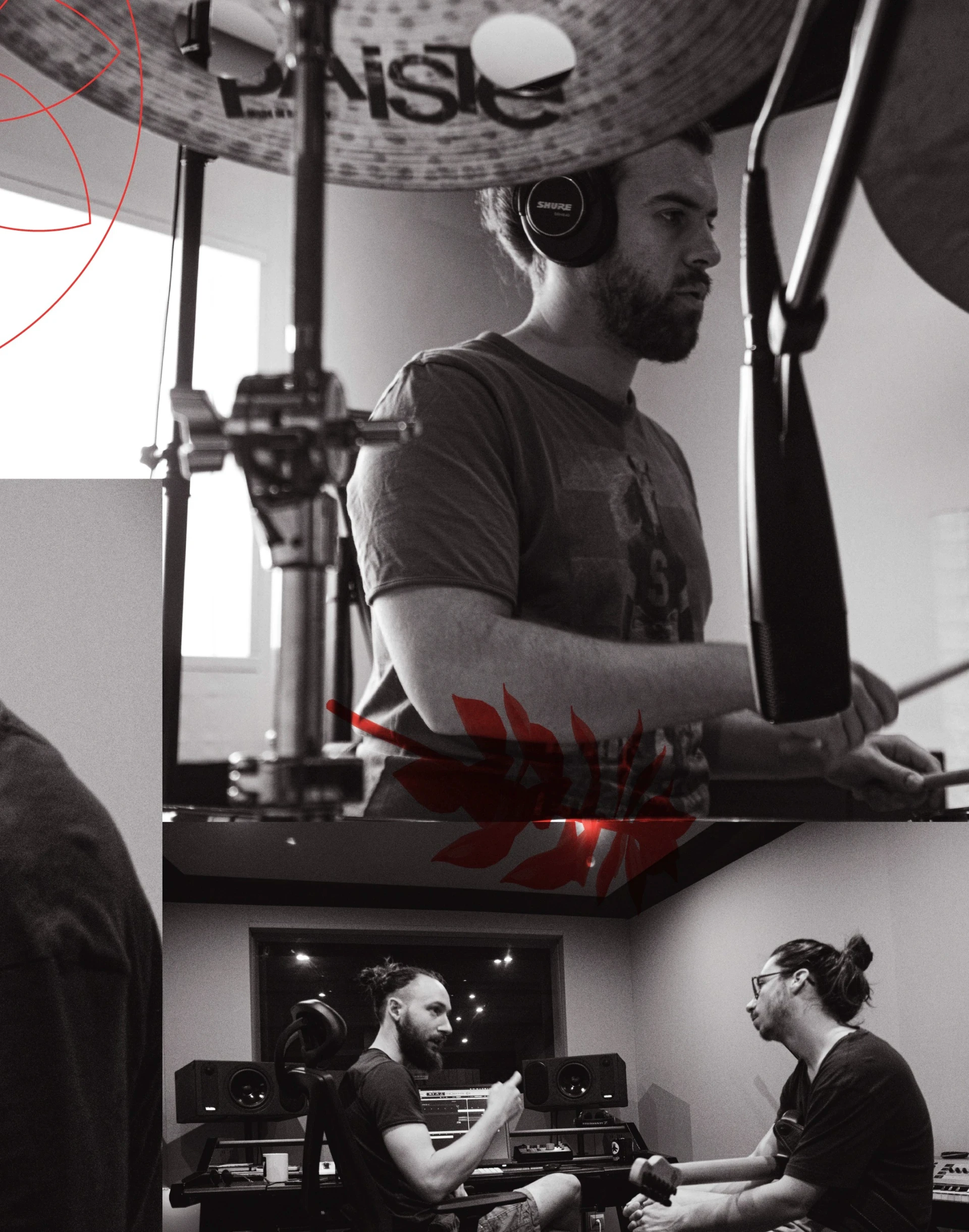 Musicians in studio with abstract red art; **visual identity designer Barcelona**.
