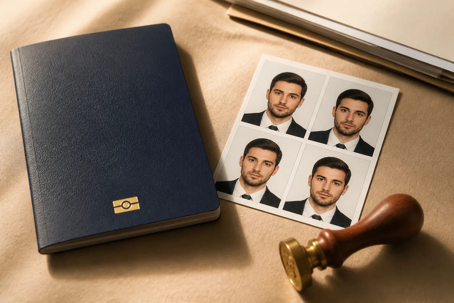 Passport and Photo Requirements for a Dubai Trade License beside a passport, residence permit card