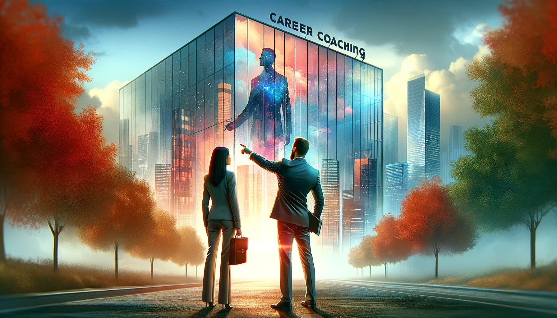 Two professionals are standing in front of a modern building labelled 'Career Coaching,' with one pointing at an oversized silhouette inside the building, symbolising career growth and professional development.