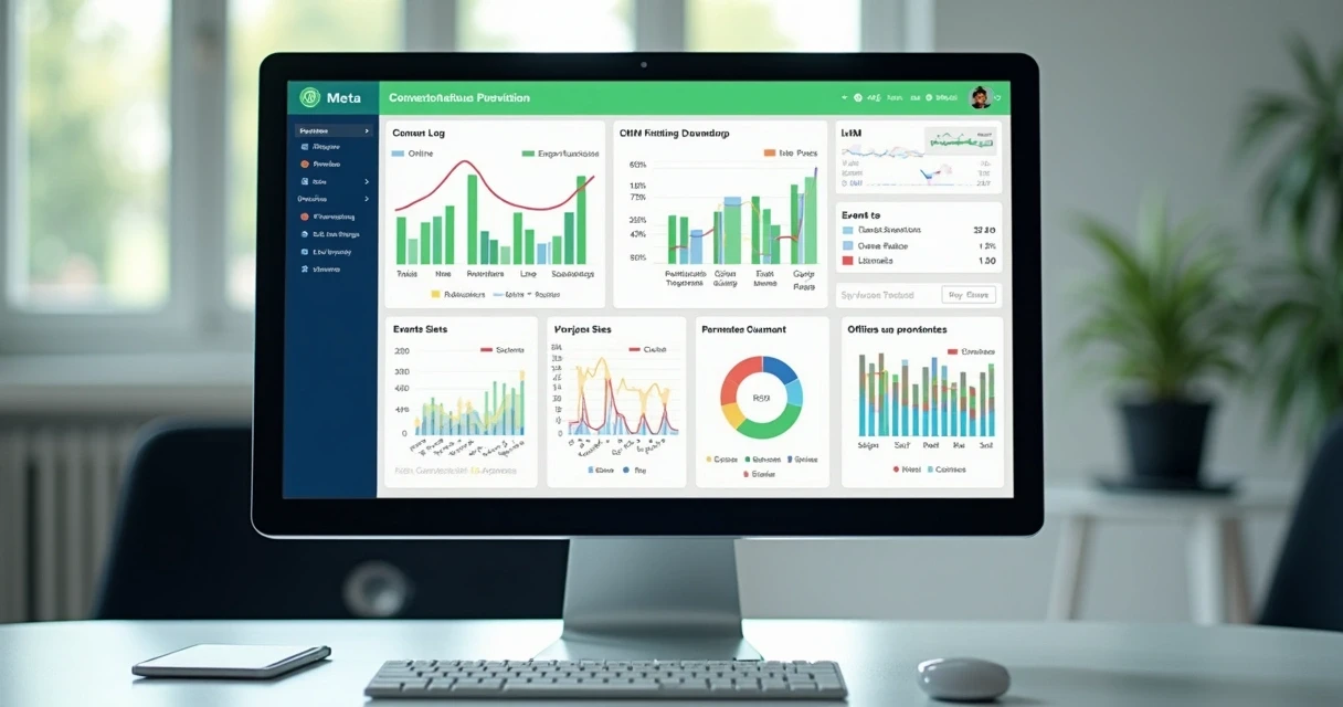 Dashboard com gráficos mostrando eventos de conversão online e offline no CRM com integração à Meta 