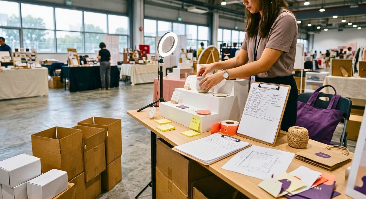 Boutiques Singapore merchant preparation with stock boxes, booth display tools, price tags and retail setup materials