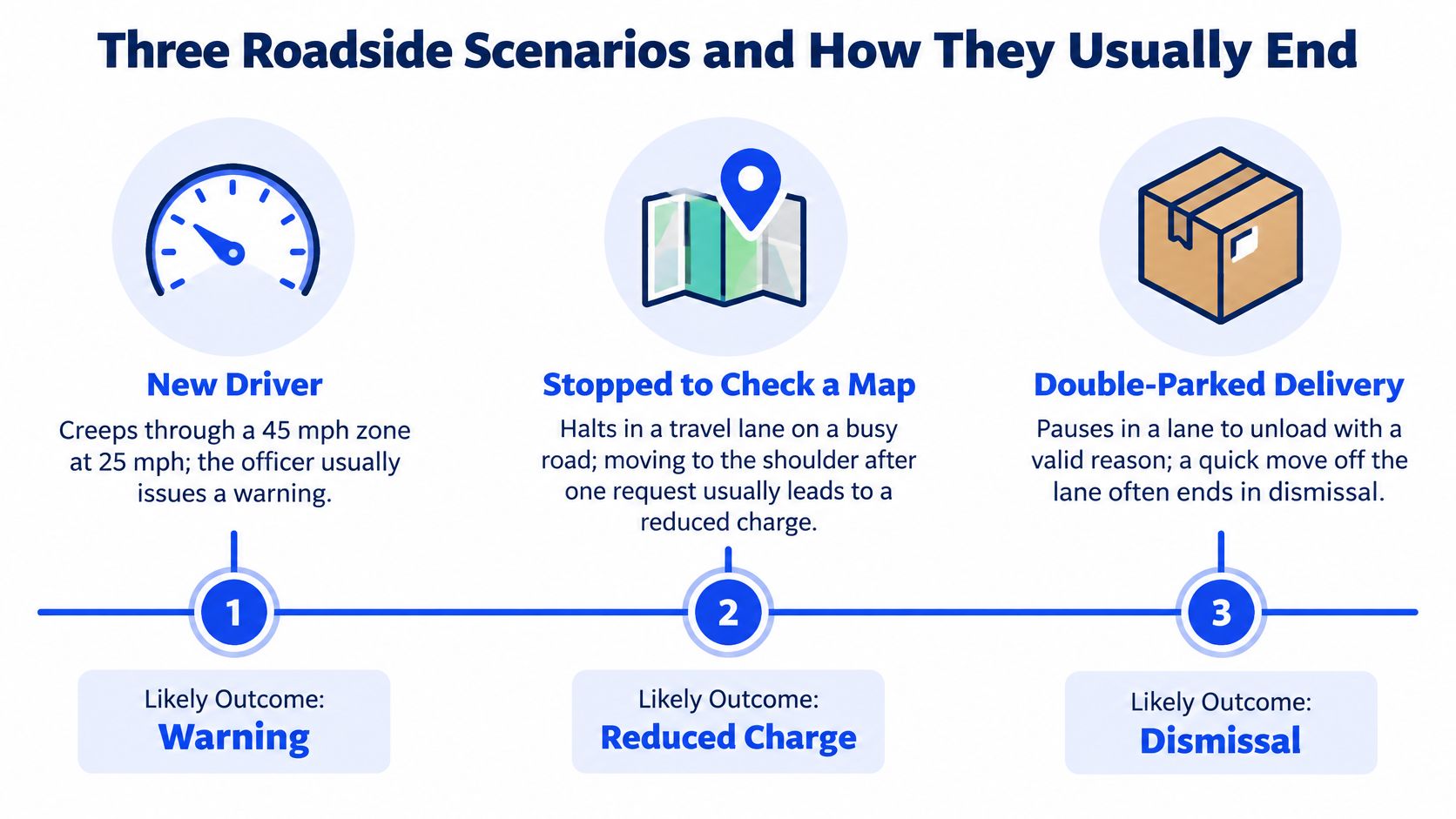 An infographic showing three roadside scenarios with likely legal outcomes for drivers impeding traffic flow.
