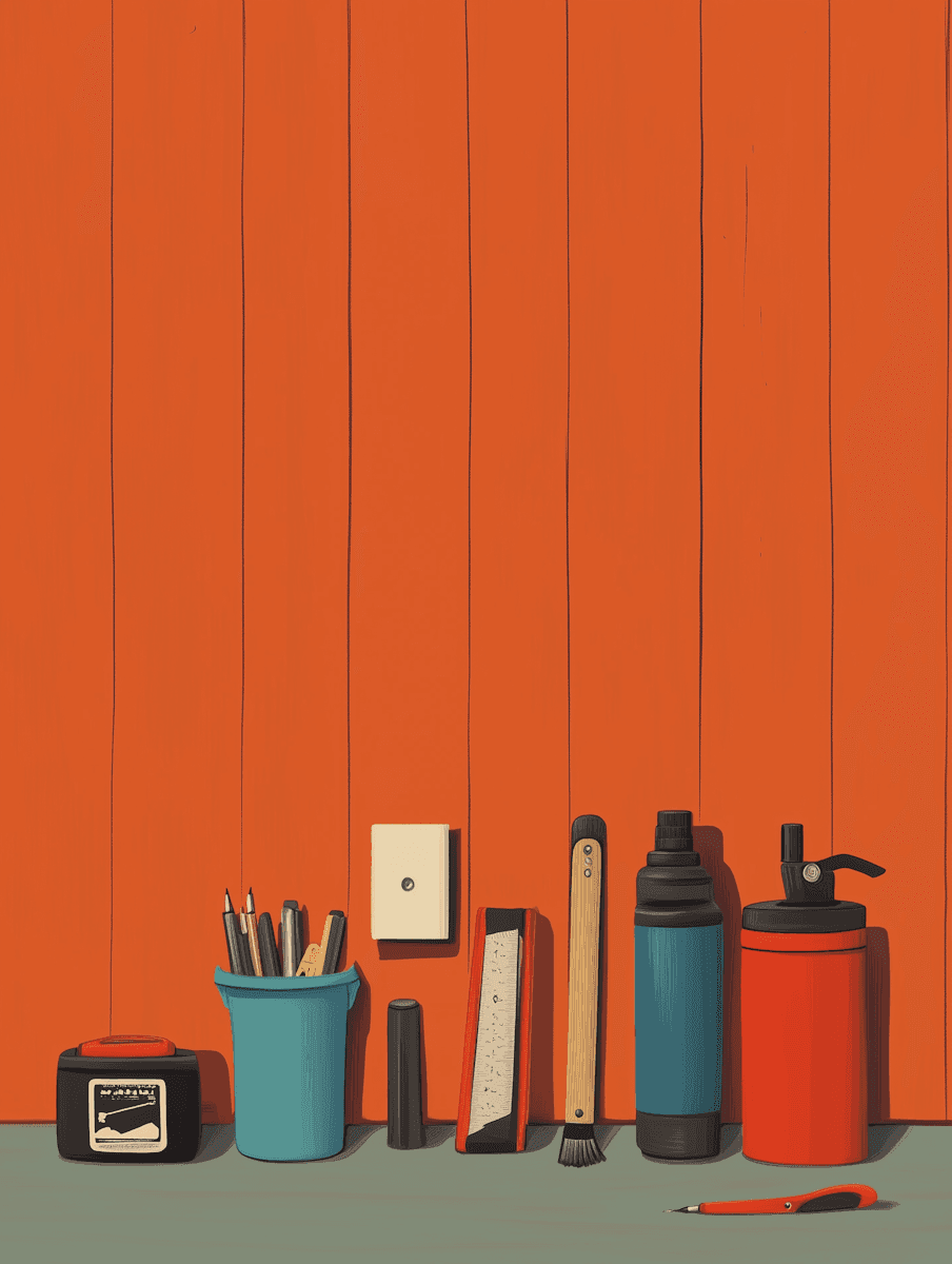 A vibrant orange wall serves as a backdrop for a desk with neatly arranged tools and containers, conveying an organized and creative workspace feel representing resources for a job search.
